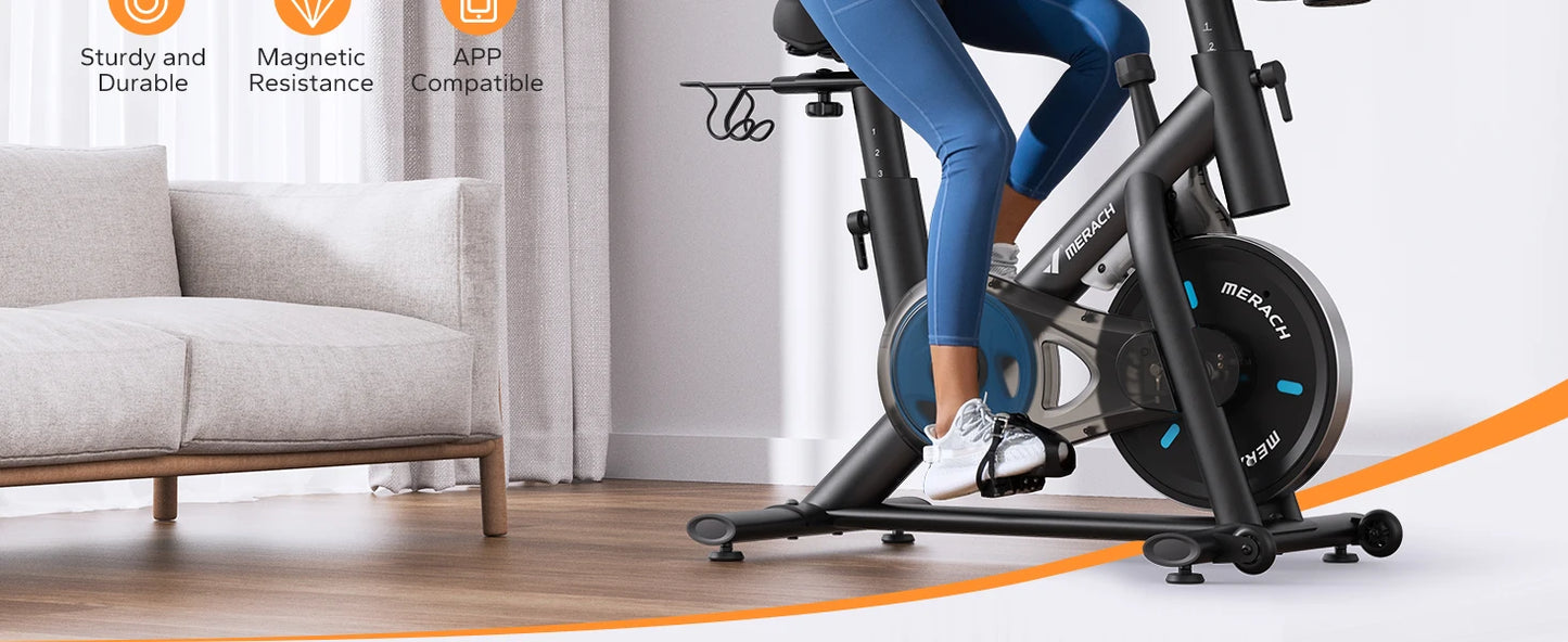 MERACH Exercise Bike Brake Pad/Magnetic Stationary Bike with Exclusive App/Low Noise Indoor Cycling Bike with Fitness Courses