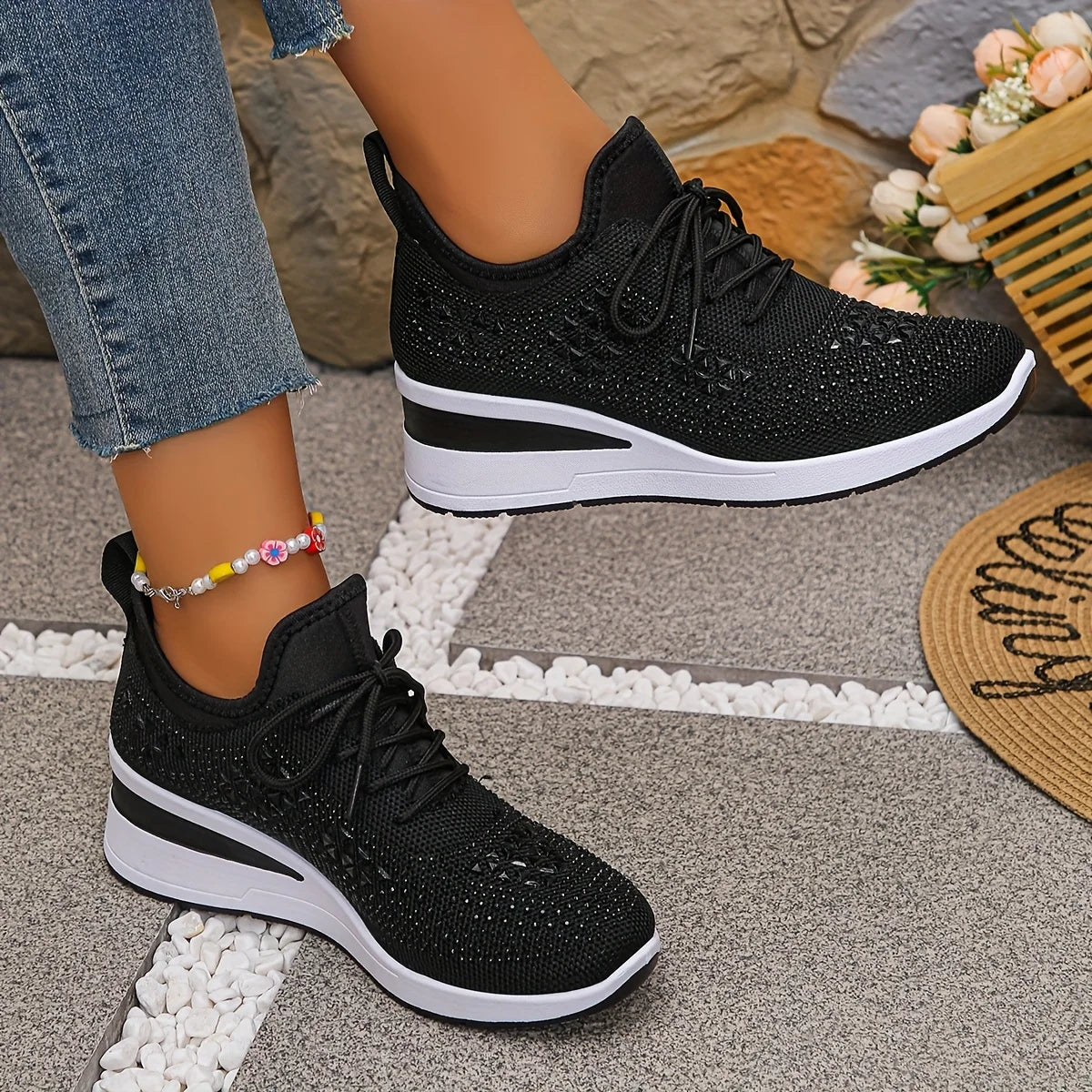 Water Diamond Thick Sole Casual Sports Women's Shoes/with Flowing Fabric Surface Breathable and Versatile Height Increasing Shoes