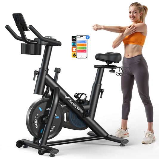 MERACH Exercise Bike Brake Pad/Magnetic Stationary Bike with Exclusive App/Low Noise Indoor Cycling Bike with Fitness Courses