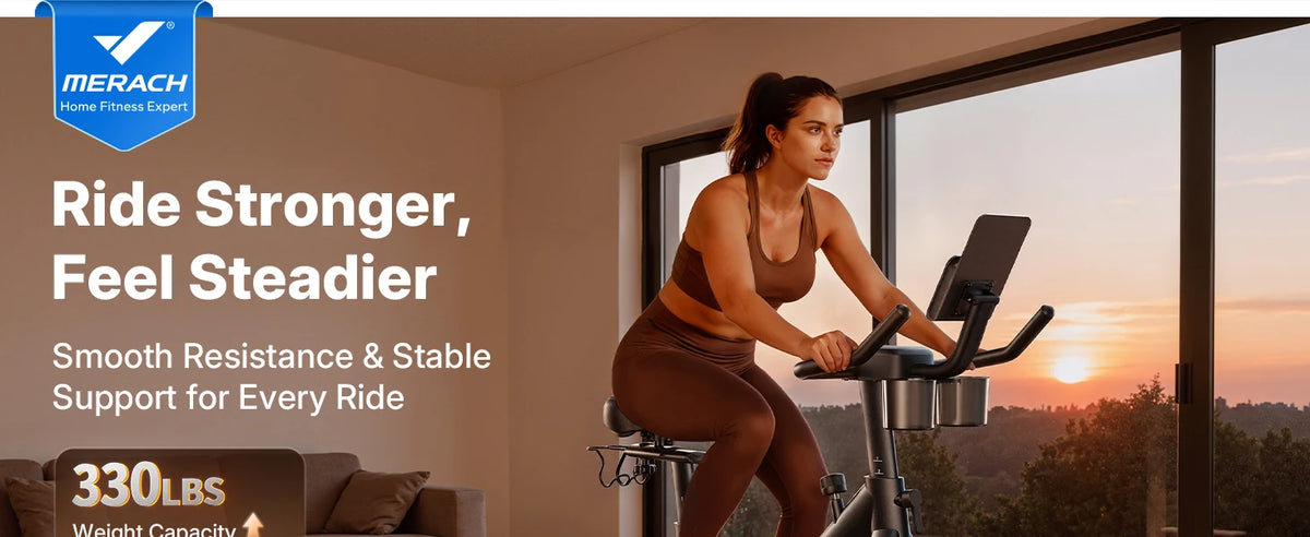 Merach Magnetic Exercise Bike No Plug Needed Low Noise Stationary/with Comfortable Seat Cushion Spinning Bike 330 lb Weight Capacity