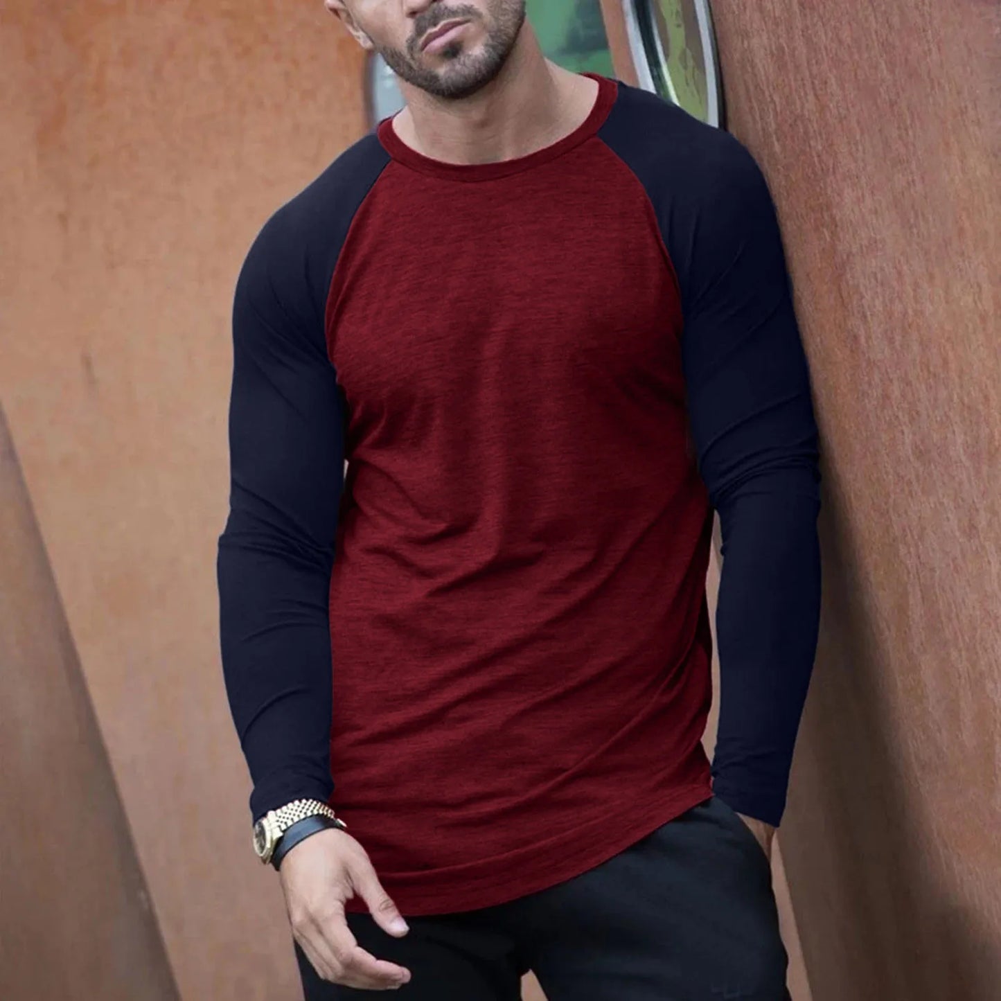 Men's Autumn Patchwork Long Sleeve T-shirt Slim Casual Fashion O Neck Pullover Top Daily Sports T Shirt