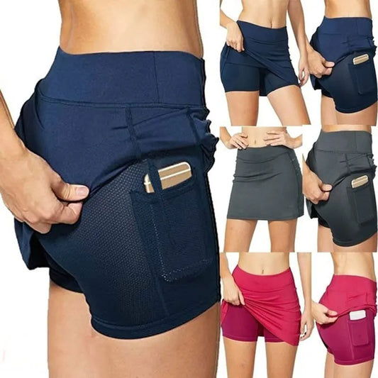 Women's Tennis Skirts Inner Shorts Elastic Sports Skirts/with Phone Pockets Sexy Fitness High Waist Yoga Shorts