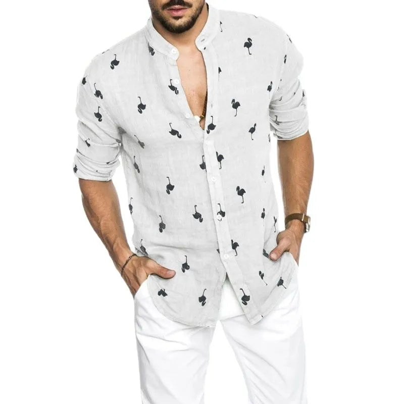 new men's long sleeve/Flamingo printed linen casual shirt