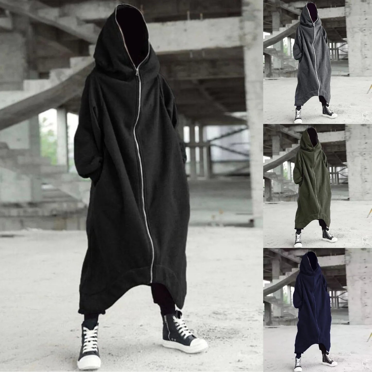 Men's Zipper Long Hooded Solid Color Personality/Full Body Winter Warm Male Hip Hop Jacket Plus Size 5xl