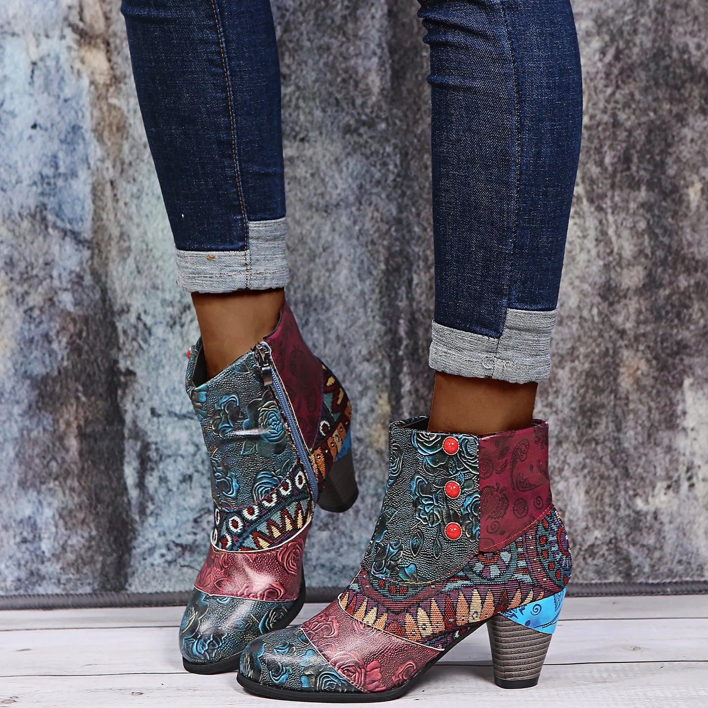 Vintage Ankle Boots for Women Splicing Printed/Autumn Winter new Short Boots PU Leather