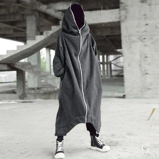 Men's Zipper Long Hooded Solid Color Personality/Full Body Winter Warm Male Hip Hop Jacket Plus Size 5xl