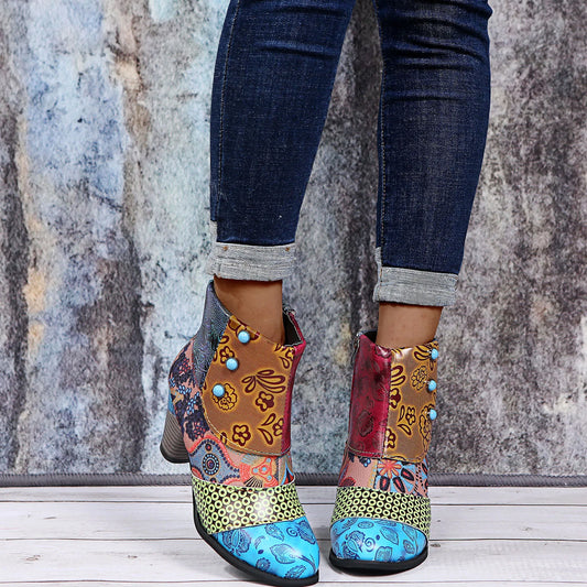 Vintage Ankle Boots for Women Splicing Printed/Autumn Winter new Short Boots PU Leather