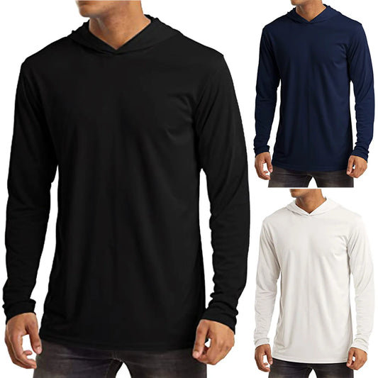 Hooded T-Shirts Men Solid Color Base T Shirt Breathable Lightweight/T Shirts Long Sleeve UV Sun Protection Quick Dry