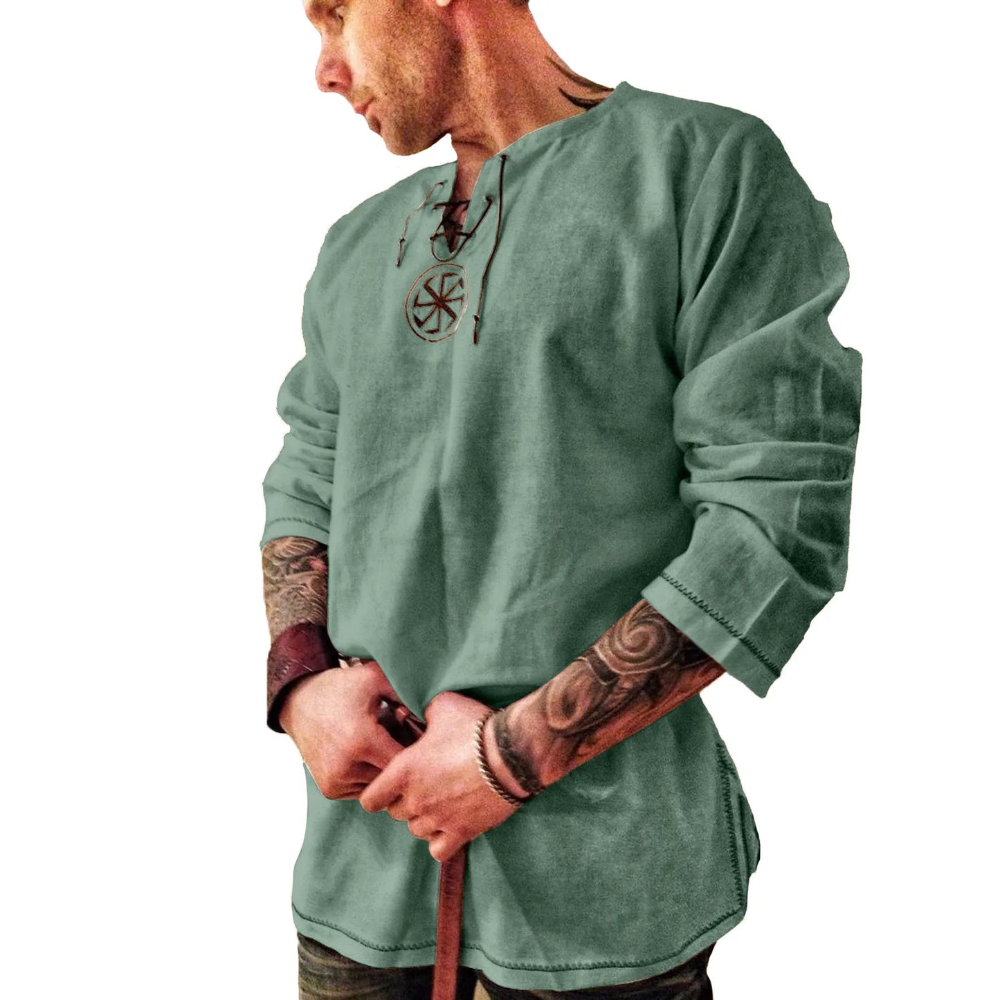 Spring Summer Men's Fashion T-Shirt Long Sleeve/Breathable Lace-Up Cotton And Linen Tee