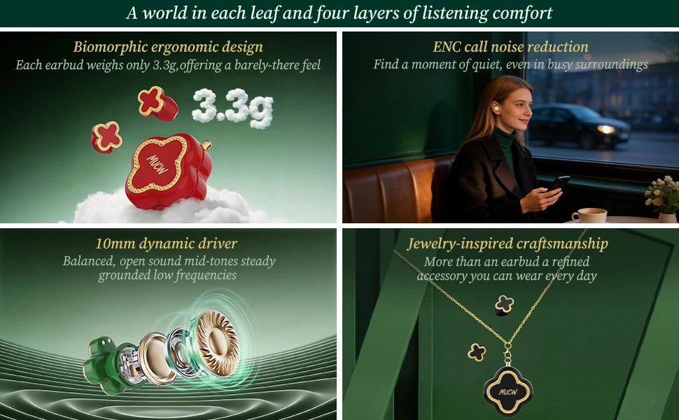 MUCW CO06 Four‑Leaf Clover TWS Wireless Earbuds Bluetooth/V6.0 ENC Call Noise Reduction 3.3g Lightweight In‑Ear Headphones