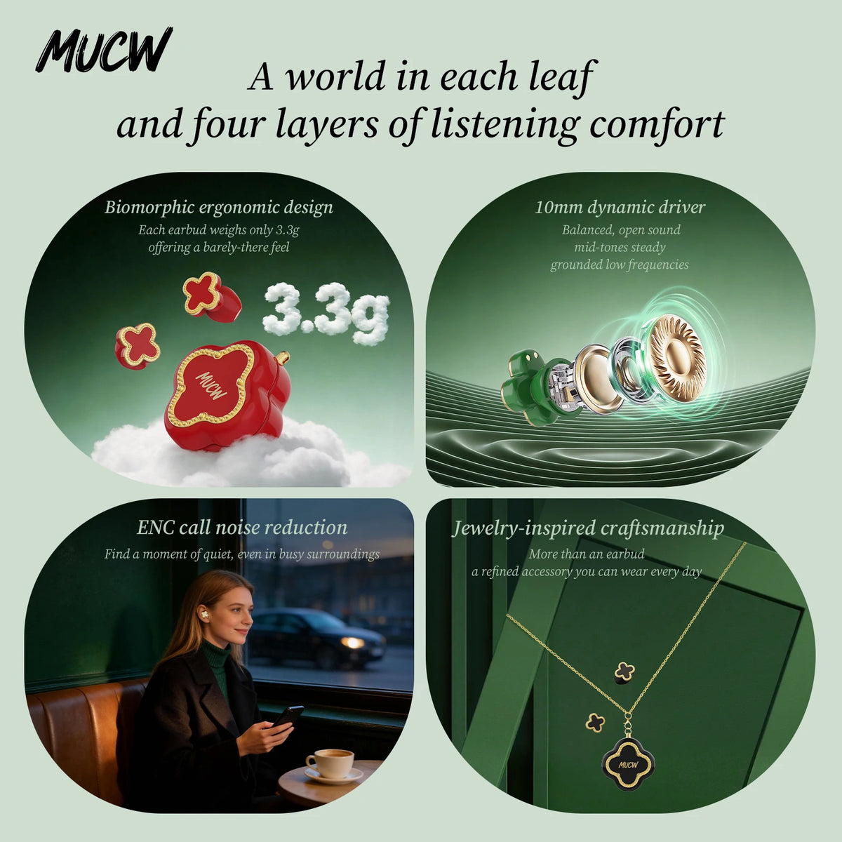 MUCW CO06 Four‑Leaf Clover TWS Wireless Earbuds Bluetooth/V6.0 ENC Call Noise Reduction 3.3g Lightweight In‑Ear Headphones