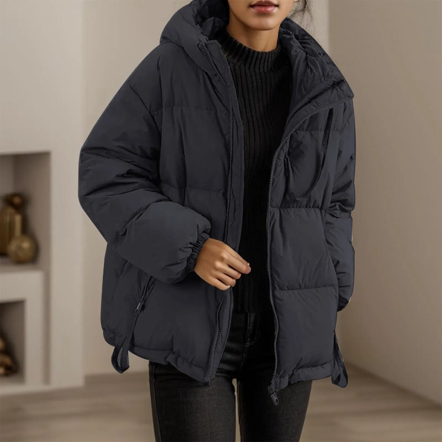 Women's Solid Color Jacket Hood Zip Up Winter Warm Cotton Padded/Coat Women Plus Size Jackets Black Oversize