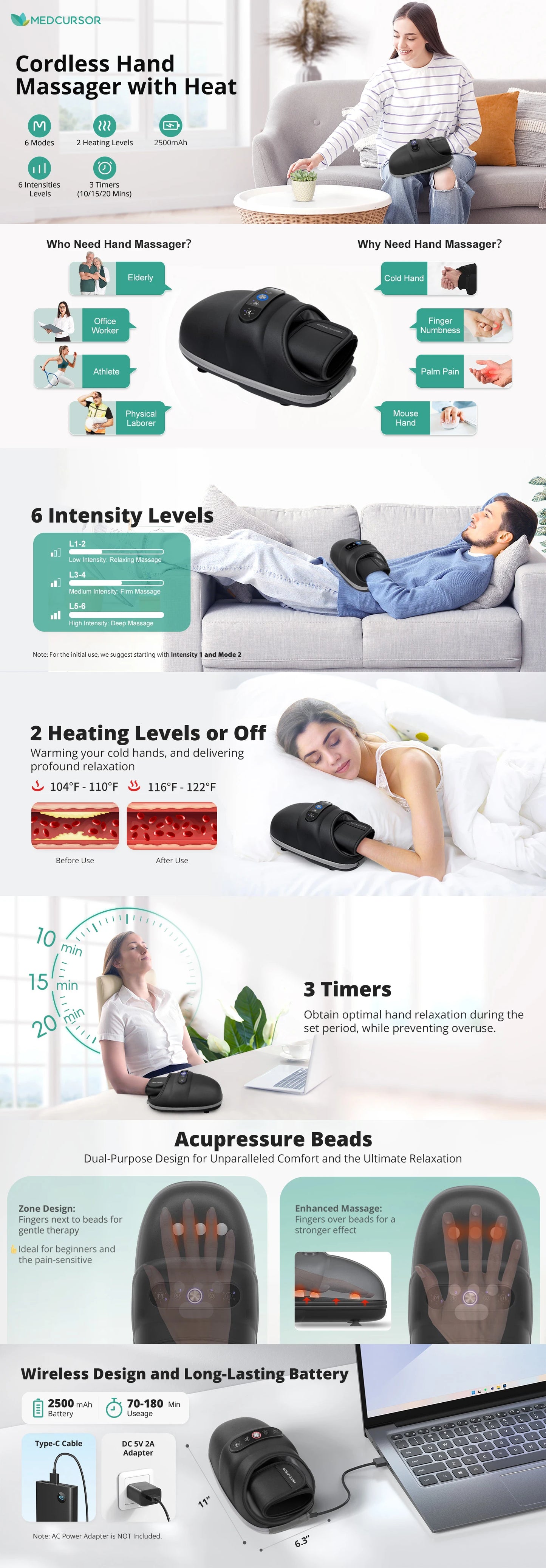 Wireless Electric Hand Massager Air Compression Hot Compress/Palm Acupoint Massager Finger Arthritis Numbness Muscle Relaxation