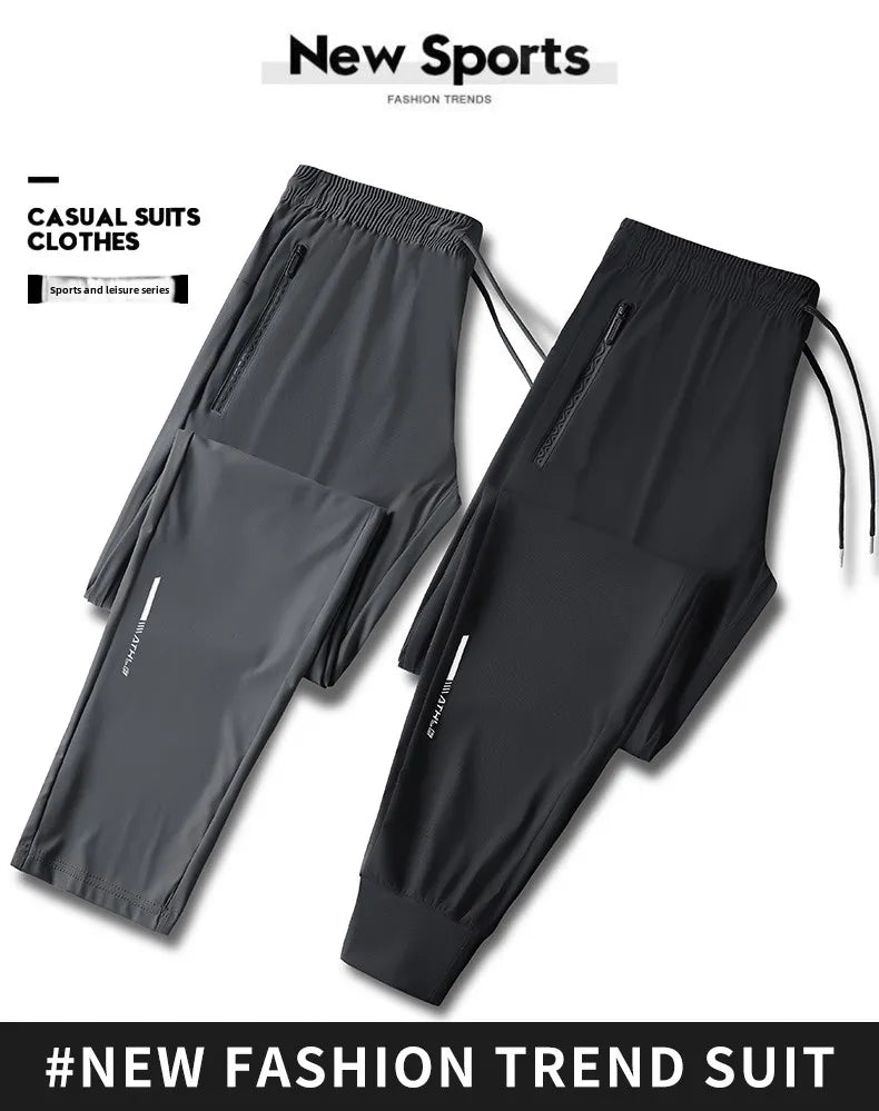 Men's solid color pants summer ice silk elastic quick drying/loose sports pants suitable for casual and business wear M-8XL
