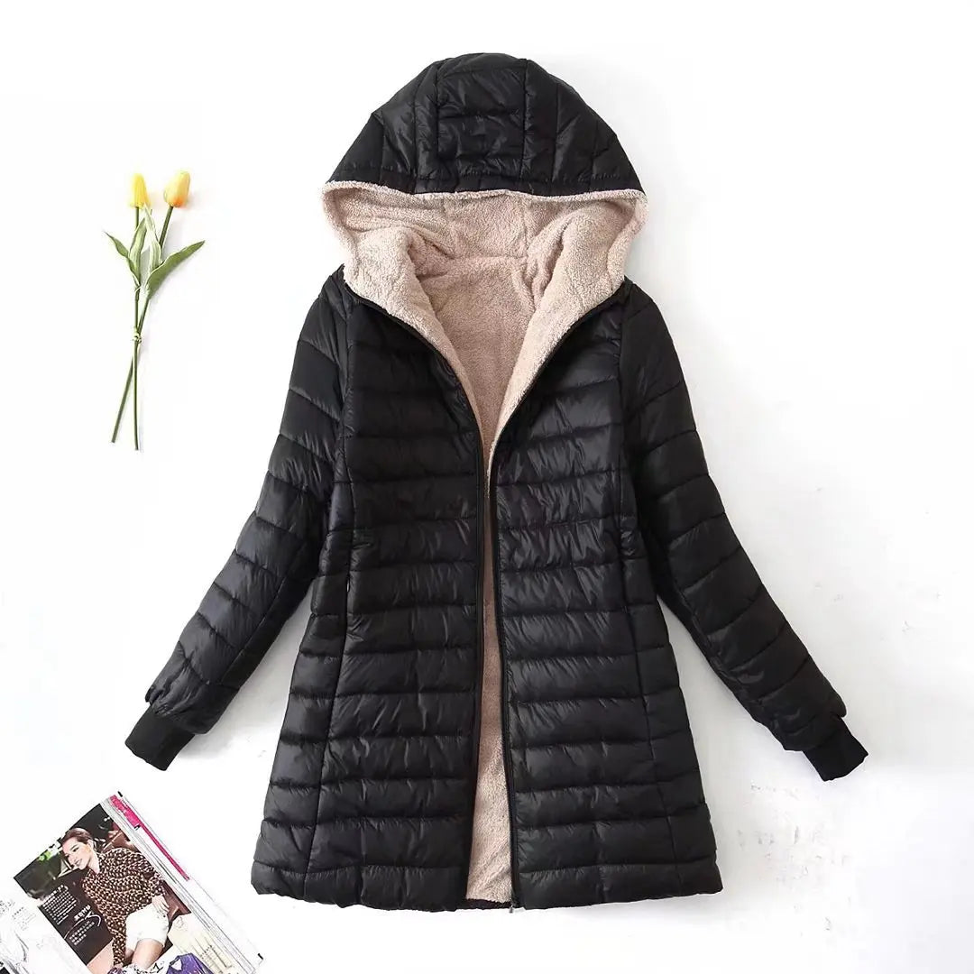 Solid Color Long Sleeve Hooded Zipper Women's Jackets/Autumn and Winter Mid-length Woman Cotton Coat Slim Fit Parka