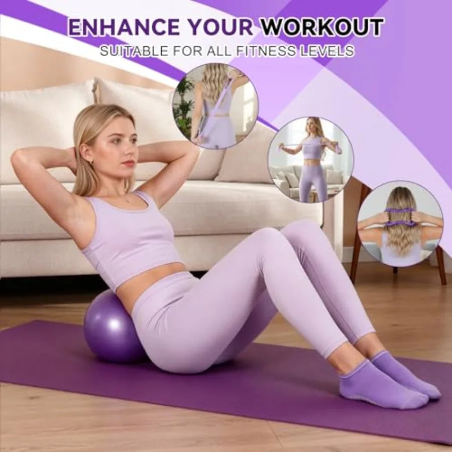 Pilates Ring and Ball Set Home Fitness Equipment for Women/with Resistance Bands 12'' Magic Circle 9.8'' Ball for Stress