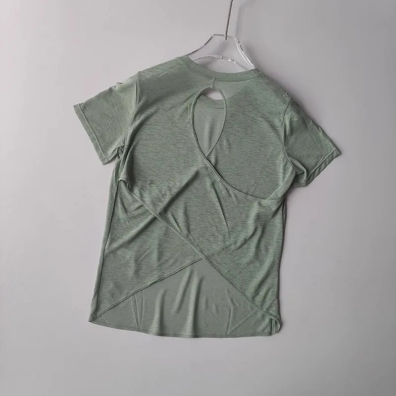 Women's Tight Sports T-shirt Quick Dry Short Sleeve Yoga T-shirt/Pilates Fitting Fitness Back Hollow Out Running crop top women