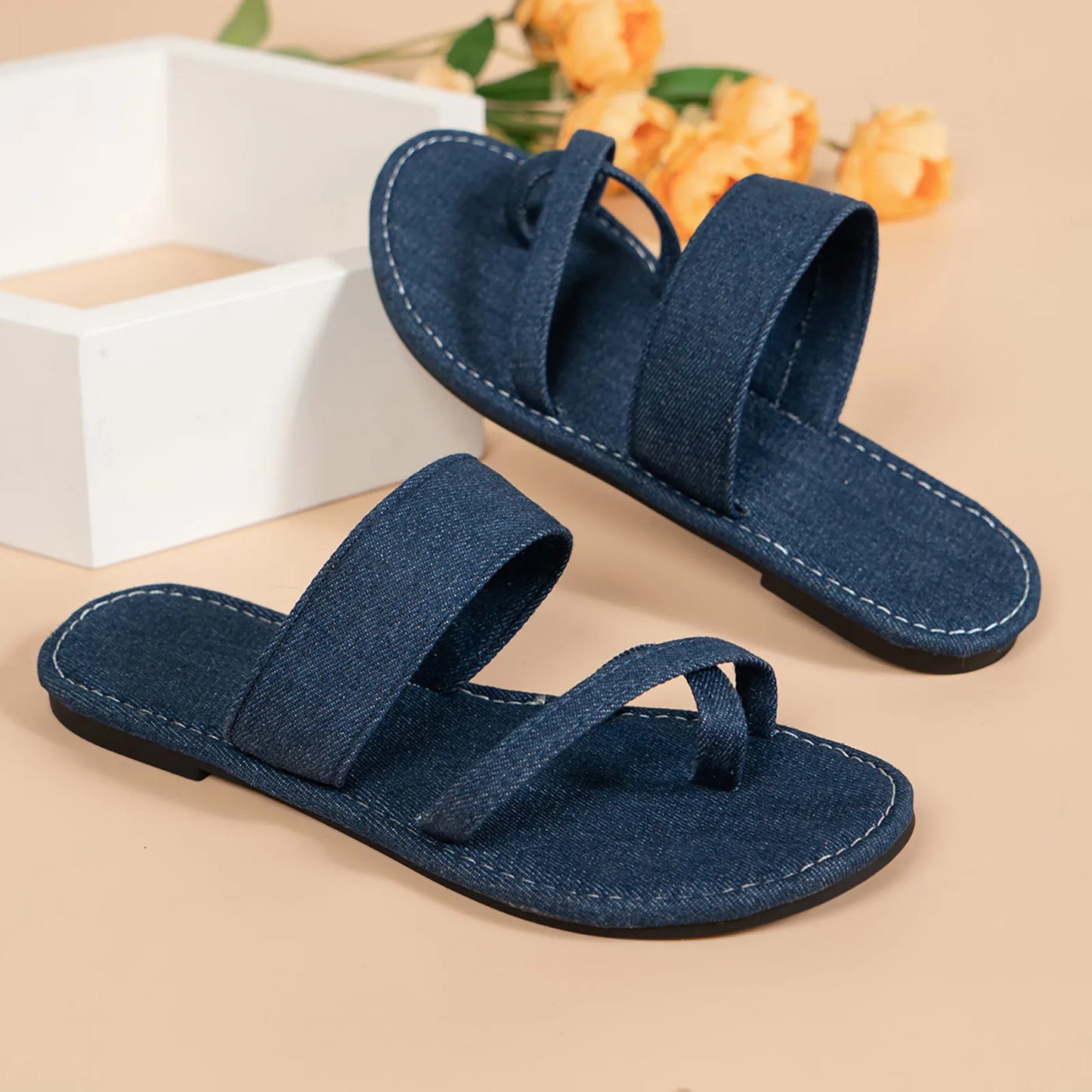 Denim Flat Soft Bottom Slipper Women/Summer Slip On Solid Sandals Casual Open Toe