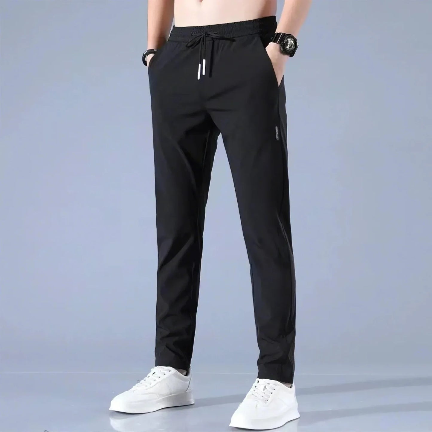 Men Fast Dry Stretch Pants Ice Silk Trousers Solid Color Mid-Waist/Loose Breathable Straight-Leg Casual Pants Thin Sports Pants