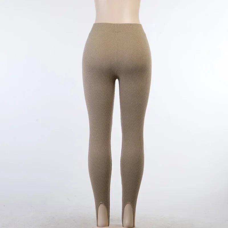 Beige Ribbed Knit Leggings Women High Waist Cotton Fitness Basic Pants/Casual Spring New All-Match Female Skinny Leggings