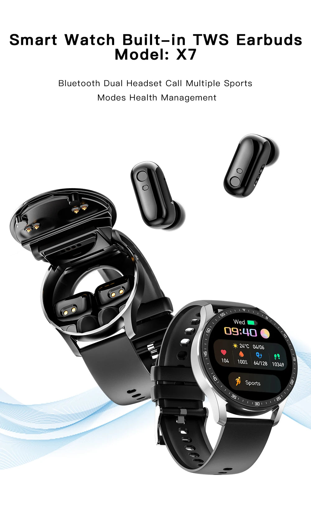 GEJIAN X10 Headset Smart Watch TWS Two In One Wireless Bluetooth/Dual Headset Call Health Blood Pressure Sport Music Smartwatch
