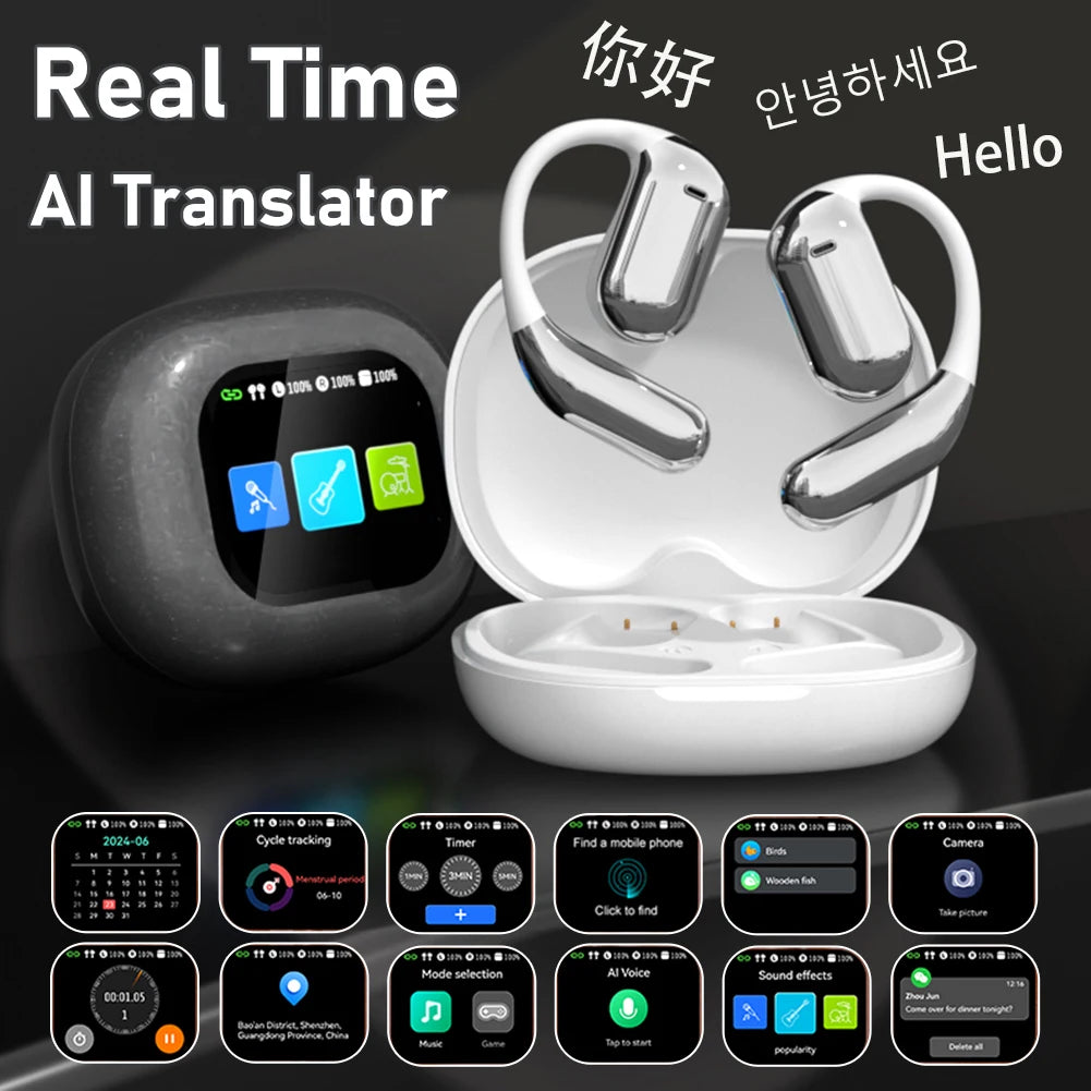 BT 5.4 Real Time AI Translator Earbuds Open Ear Wireless Headphones/IPX7 Waterproof Touch Screen AI Translator Earbuds