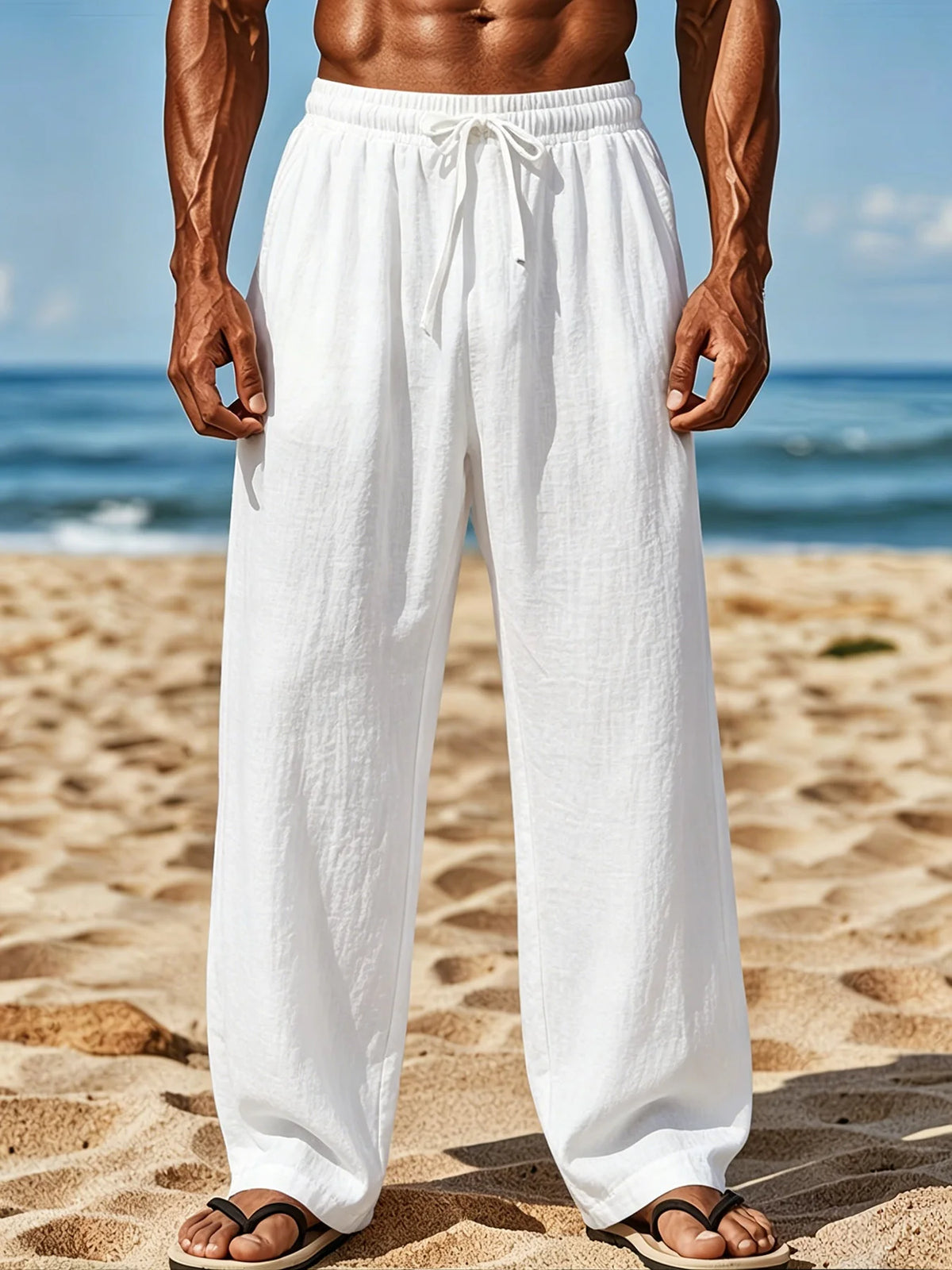 Men's Casual Wide Leg Pants Elastic Waist Drawstring Loose Straight Trousers/with Pockets Lightweight for Beach Vacation Daily Wear