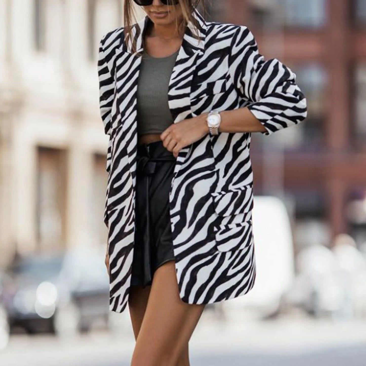 2023 New Fashion Zebra Striped Print Coat Women/Turndown Collar Long Sleeve Jacket