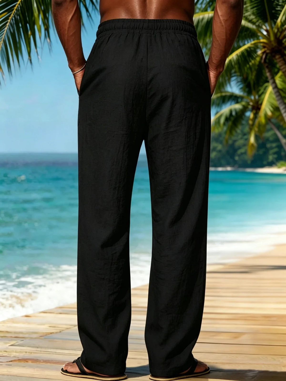 Men's Casual Wide Leg Pants Elastic Waist Drawstring Loose Straight Trousers/with Pockets Lightweight for Beach Vacation Daily Wear