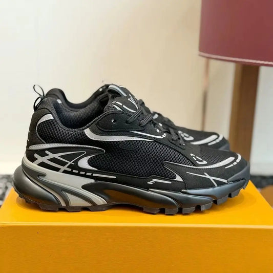 Street‑Style Breathable Mesh Nubuck Dad Sneakers Abstract Graffiti Stripe/Decor Serrated Non‑Slip Thick Platform Sole Pull Tab Heel