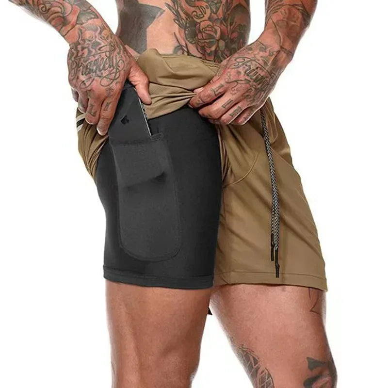 Men Double Layer Fitness Shorts Men Fitness Gym Training 2 in 1/Sports Shorts Quick Dry Workout Jogging Double Deck Summer