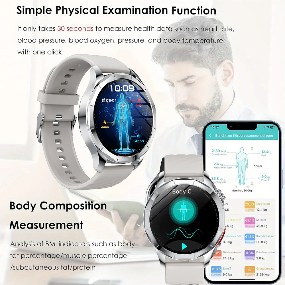 Marsyu 2026 Smart Watch ECG+PPG Uric Acid Blood Pressure Body Analysis/HD Call LED Flashlight Smart Watch Women Men