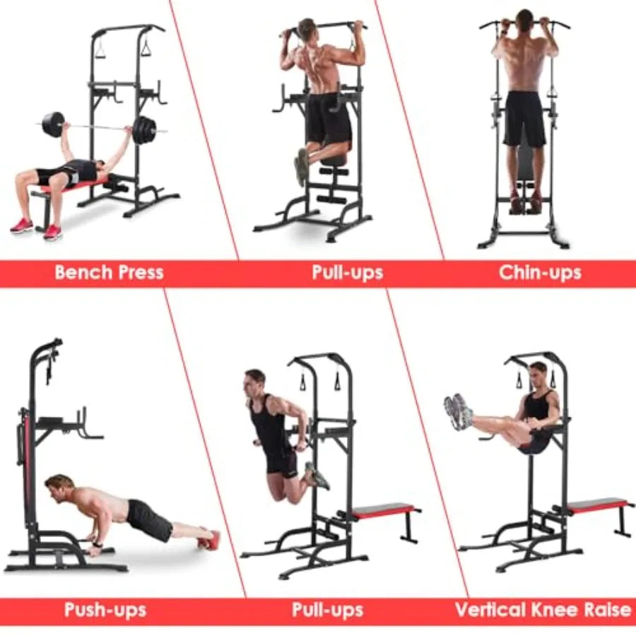 Arlopu Power Tower with Bench Pull Up Bar Stand Dip Bar/Folding Bench 4 Ropes Strength Training Multi-Function Fitness Equipment