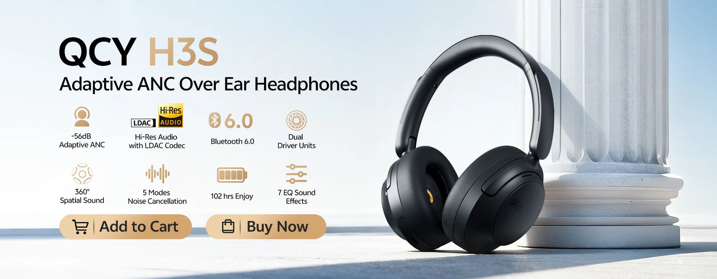 QCY H3S Over Ear Headphone Hi-Res LDAC Spatial Sound Headset/H3S -56dB Adaptive ANC Wireless Earphone Bluetooth 6.0 102Hrs