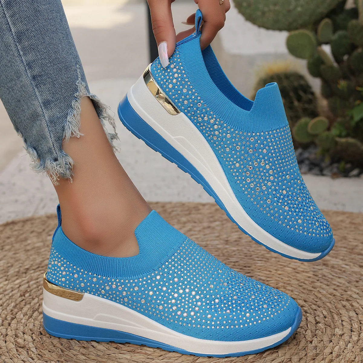 Orange Rhinestone Casual Sneakers Breathable Wedge Women/Lightweight Shoes Slip On New Comfortable Spring Mesh Sports Shoes