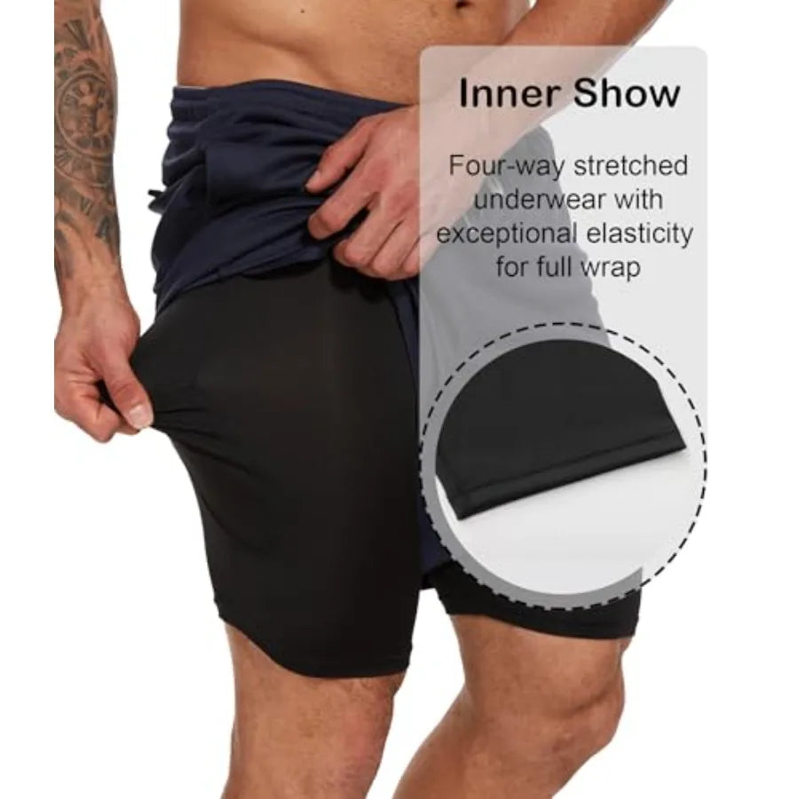 Kinglaman 4 Pack Men's 2 in 1 Running Workout Shorts with Liner/Gym Athletic Quick Dry Sport Shorts with Pockets