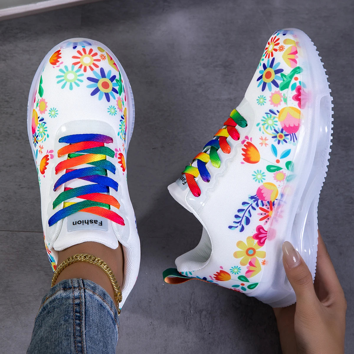 Women Floral Print Air Cushion Sneakers Colorful Rainbow Laces/Breathable Lightweight Shock Absorb Non Slip Lace Up Running Shoes