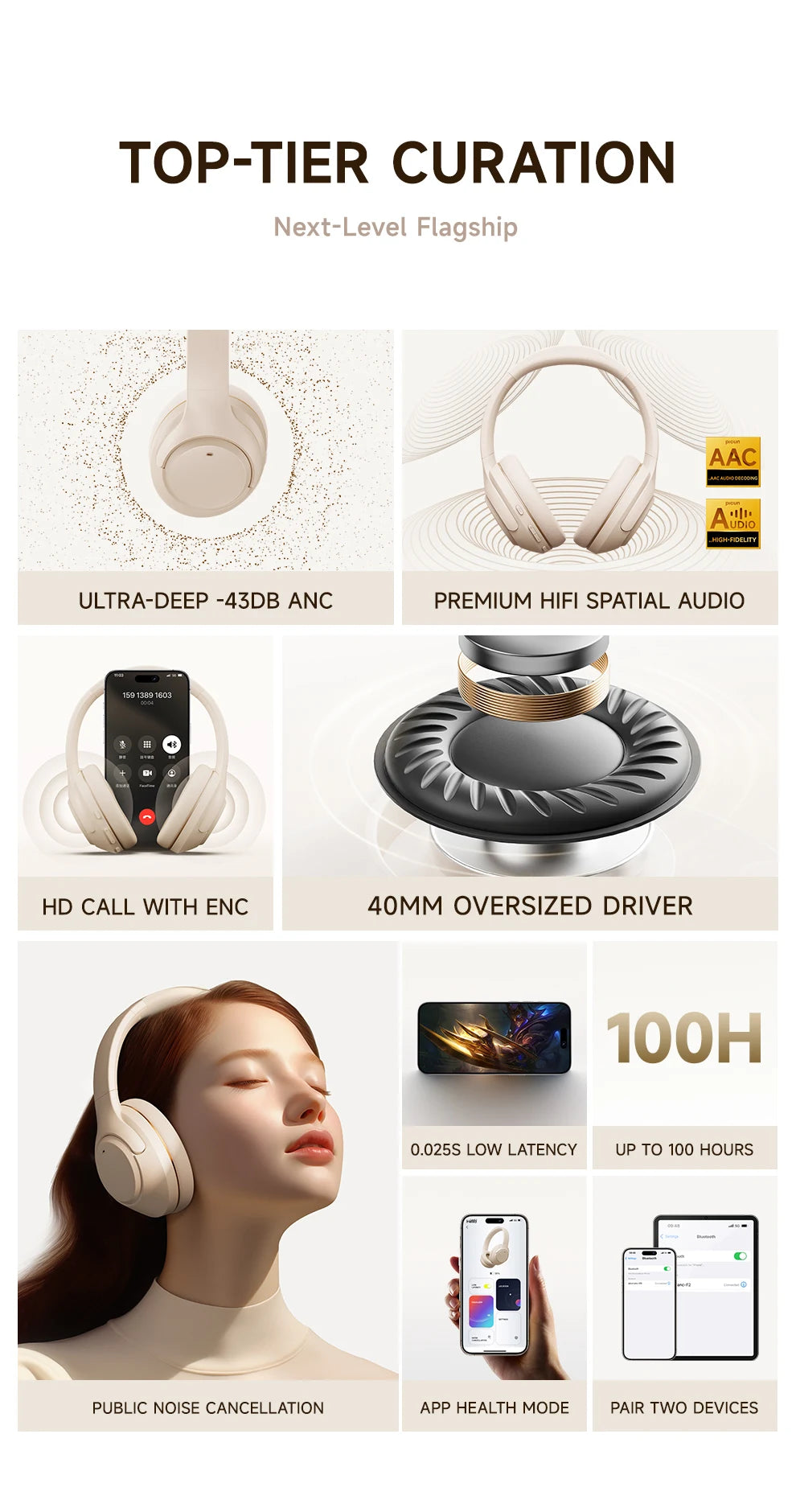 Picun F2 ANC Bluetooth Headphones Noise Canceling HD Mic/ENC Calls 25ms Low Latency Wireless Headset HIFI Sound