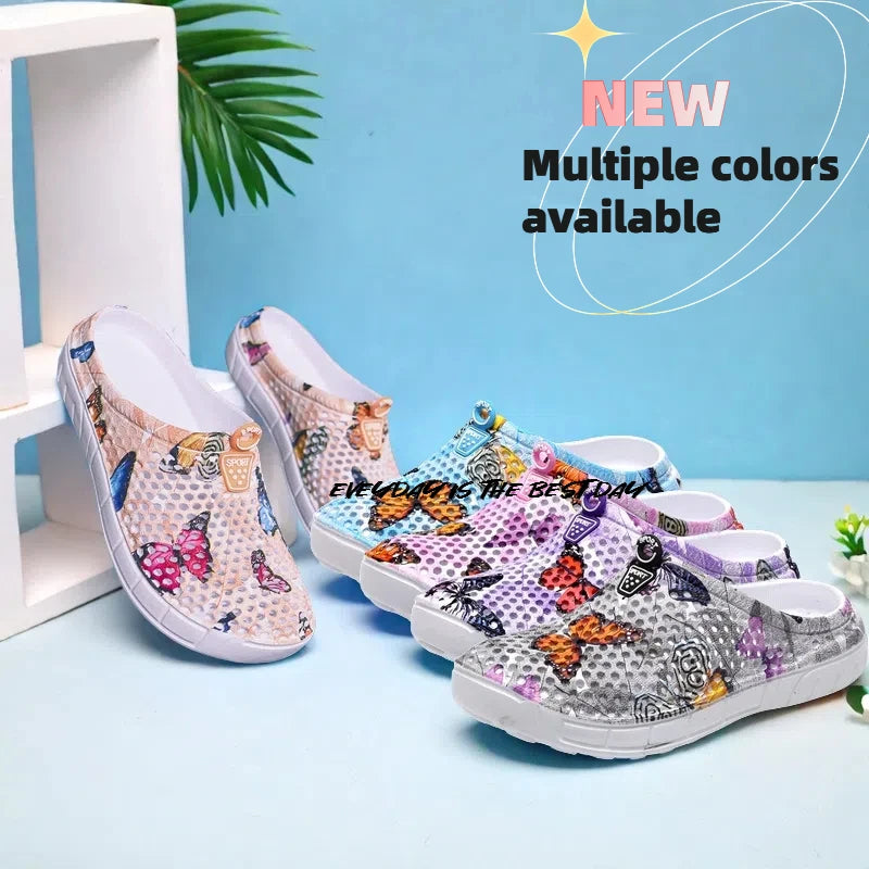 Women's Lightweight Slip-On Clog Shoes Butterfly Print Flat Bottom/Indoor Outdoor Beach Casual Sandals Comfortable Home Slippers