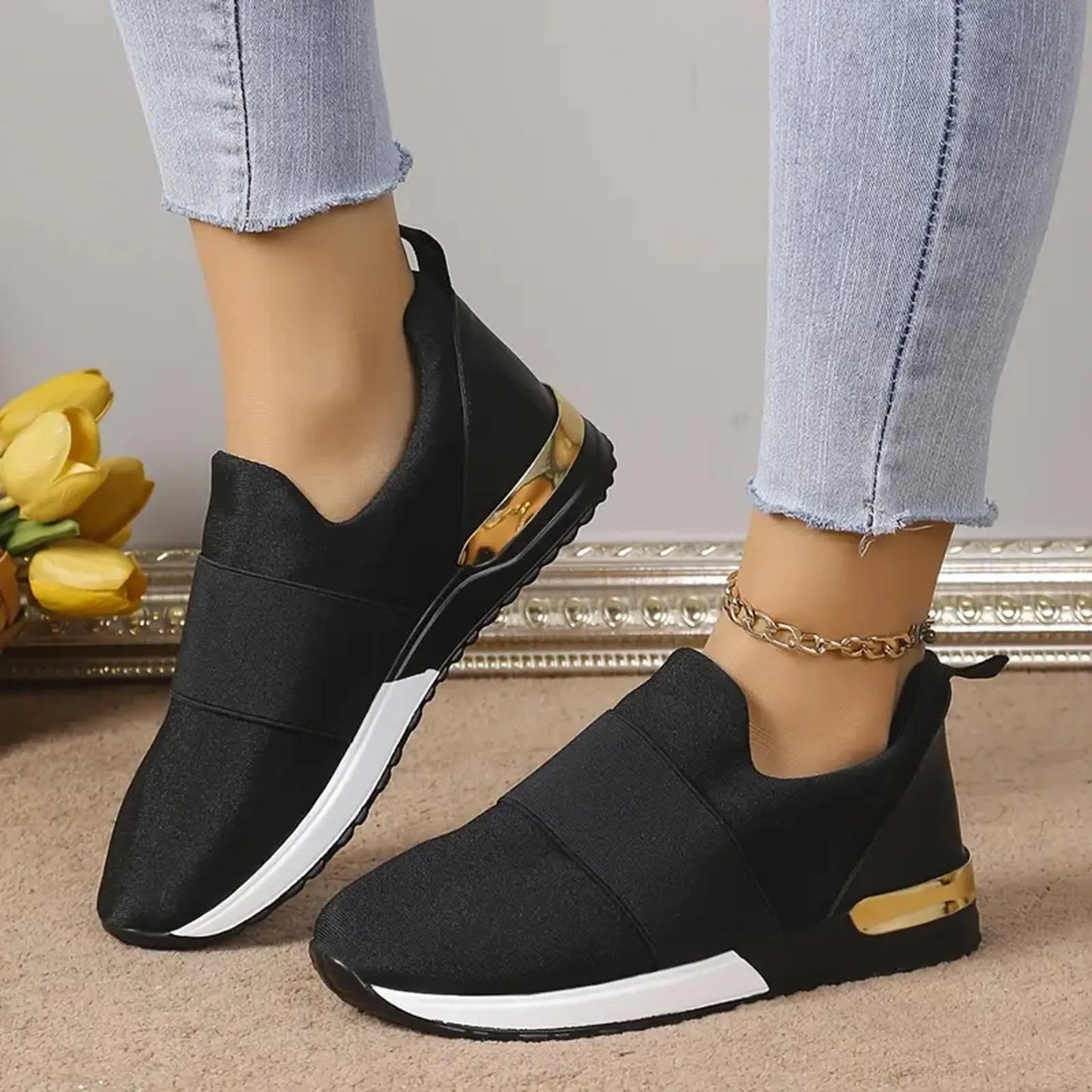 Women's Walking Sneakers Fashionable Breathable Mesh/Women's Casual Shoes With Arch Support Leather Slip On Shoes