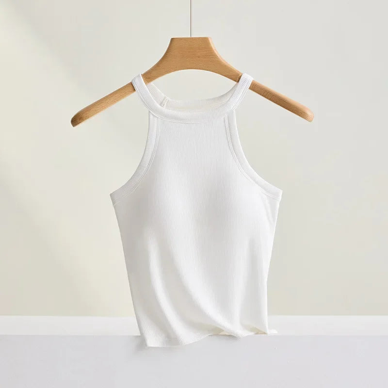 Threaded Halter Neck Camisole Top With Build-in Bra High Elastic/Slim-fitting Sling Fixed Cup Breathable Women Tank top
