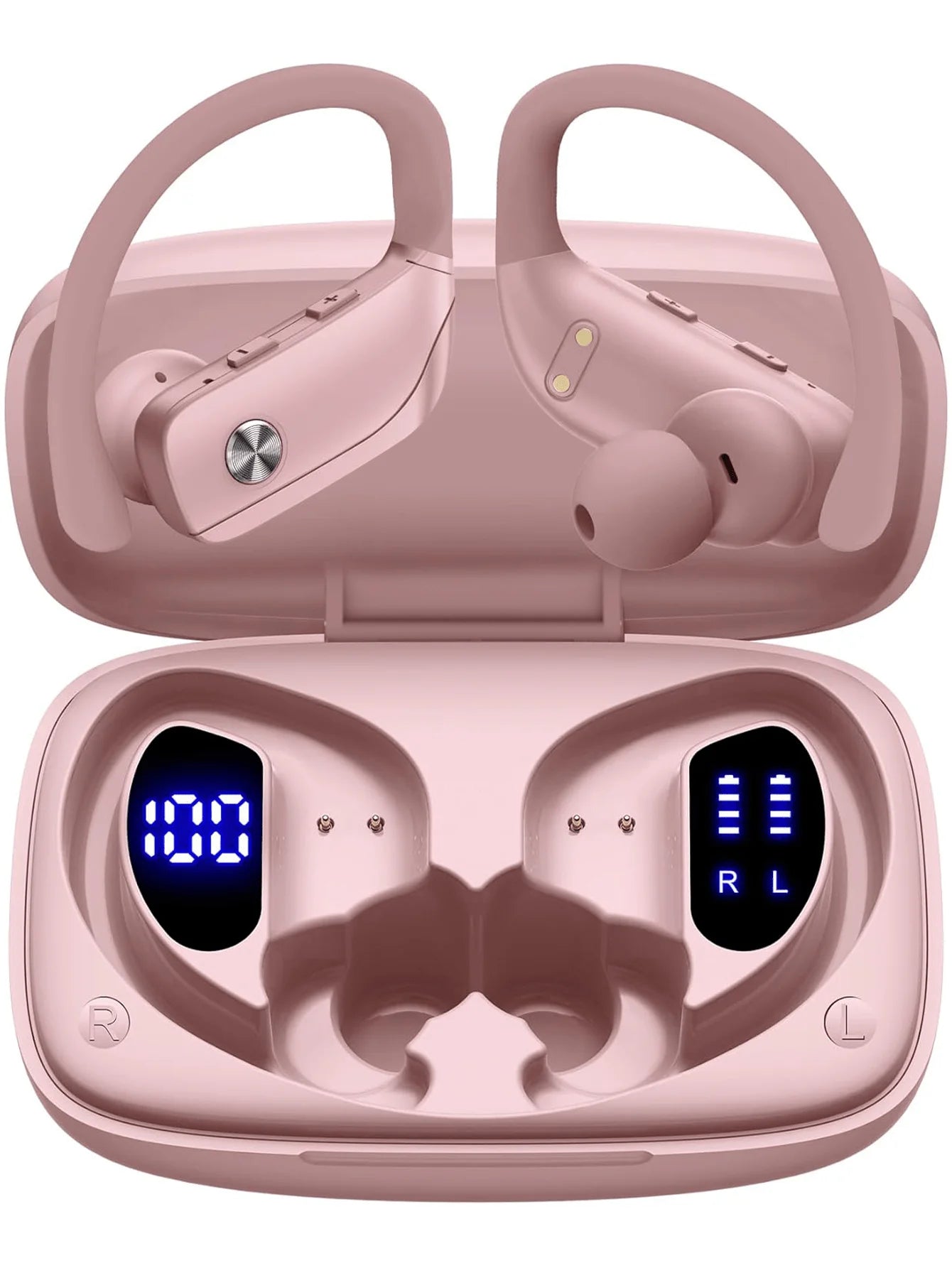 T16 Bluetooth 5.0 Ear-Hook Sports Earphones, IPX5 Waterproof ABS Earbuds/Wireless Charging Case, Dual LED Display, 48H Playtime