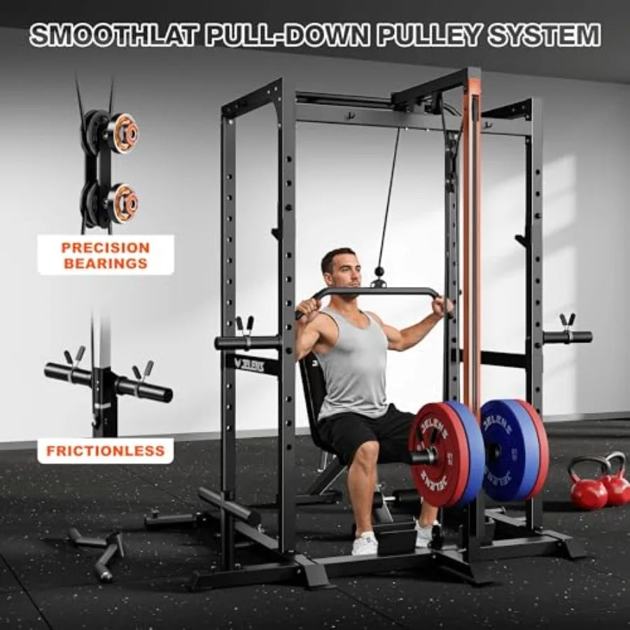 Home gym power cage with steel construction black finish 2000LBS capacity/and adjustable cable crossover system for versatile