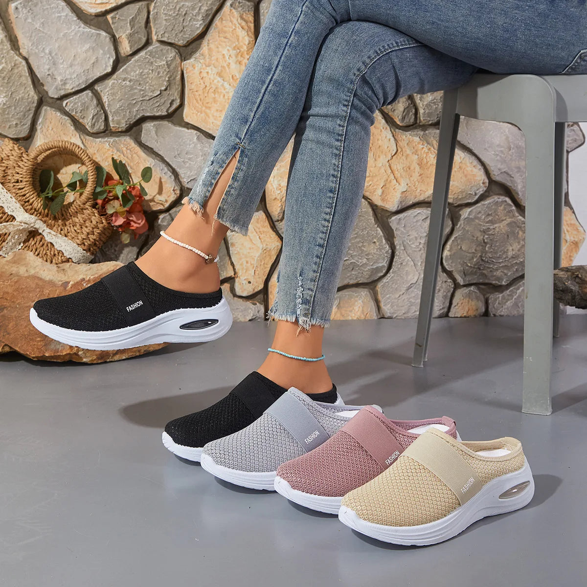 Women's Closed Toe Slip On Sneakers, Breathable Knit Mesh/Comfort Shoes Air Cushion Platform Walking Shoes for Daily Use