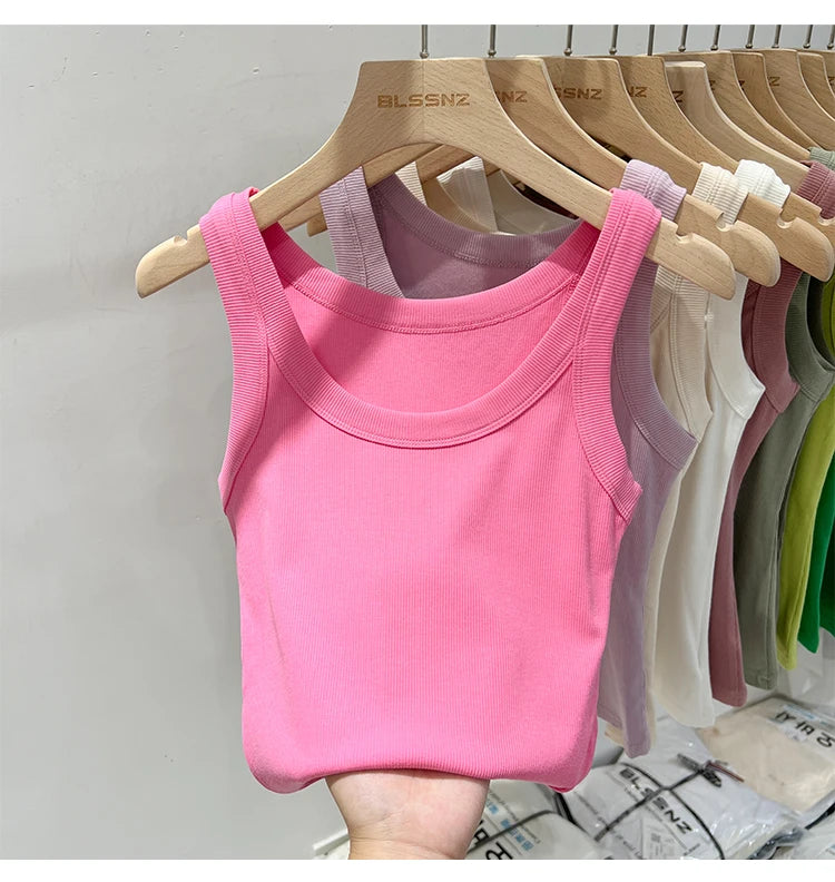 zjaiss Women Solid Round Neck Ribbed Tank Top Camisole Women/Summer Basic Elastic Tank Top O Neck Solid Tank Top