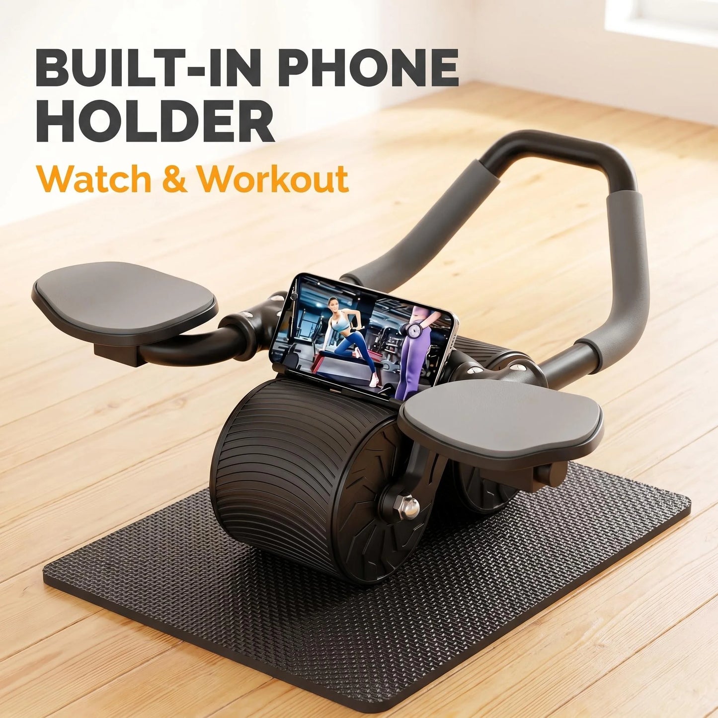 3 IN 1 Core Workout Ab Roller With Knee Pad/Phone Holder Timer Home Fitness Black