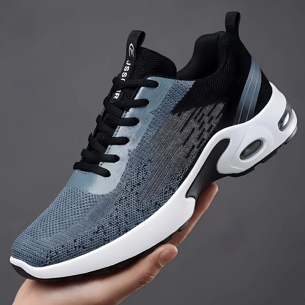 Men Breathable Flying Woven Mesh Running Shoes Cushion Air Sole/Shock Absorbing Athletic Sneakers, Lightweight Lace Up Non Slip Shoes