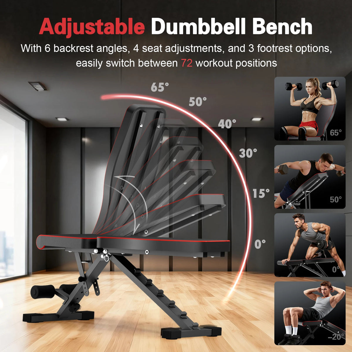 Multifunctional Dumbbell Bench Adjustable Foldable Weight Bench/Abdominal Waist Fitness 660LBS Capacity for Home Gym 6-Position Bench