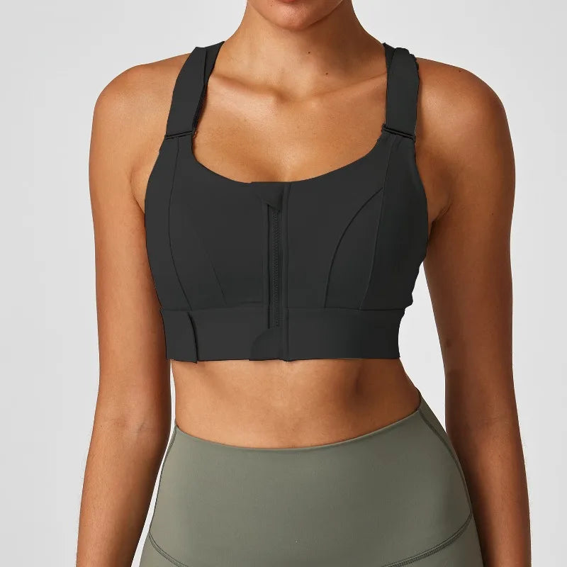 Large size sports lingerie women's shock-proof high-strength/front zipper Velcro fitness running fixed cup yoga bra