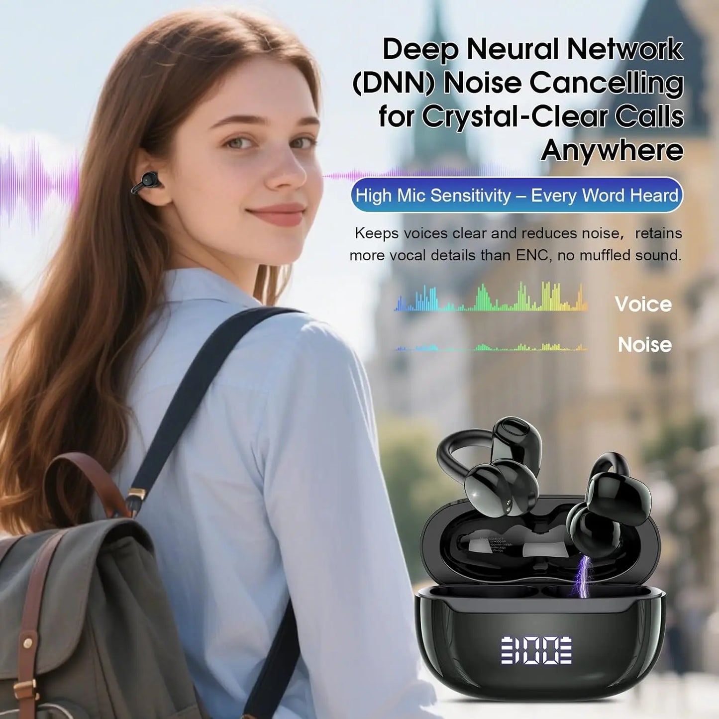 Open Ear Wireless Clip-On Headphones with Bluetooth 5.4 DNN Noise Cancelling/48H Playtime, Low Latency for Music & Calls